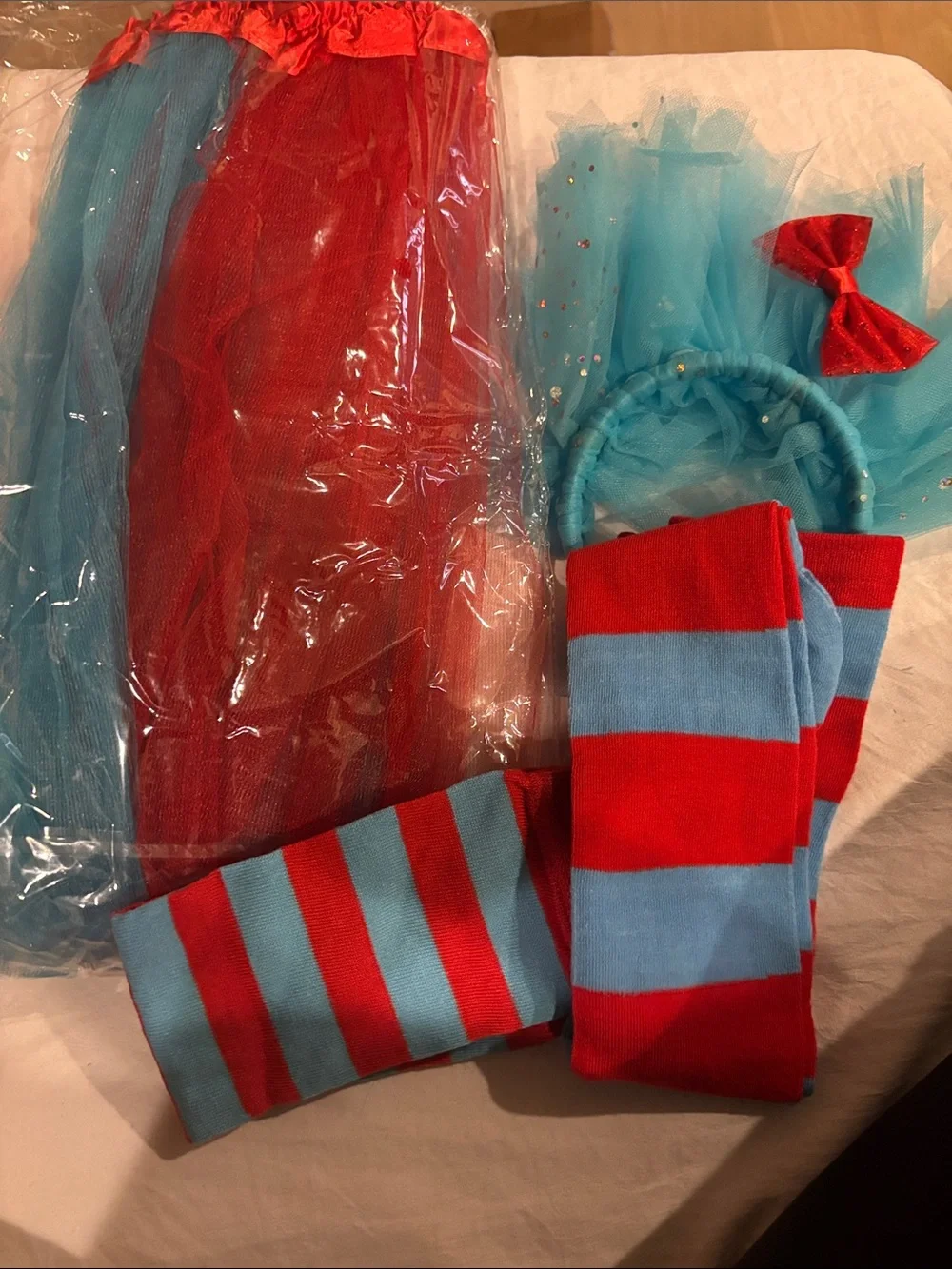 Large Blue & Red Tulle Headband and Striped Leg Warmers Costume Set